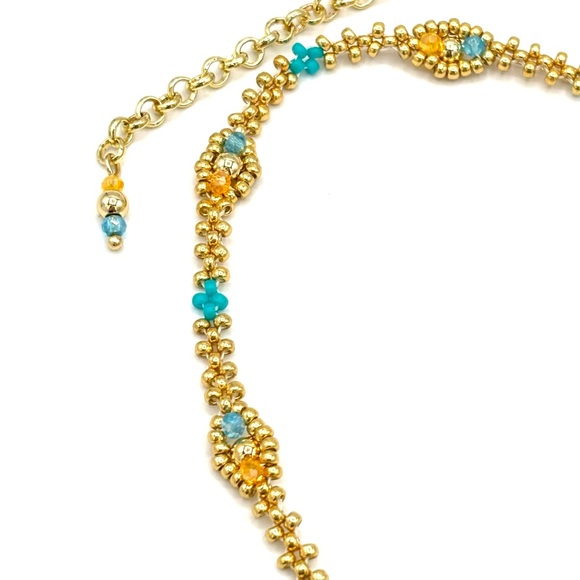 Hand Crafted Gold and Blue Floral Pendant Necklace - Picture 5 of 10